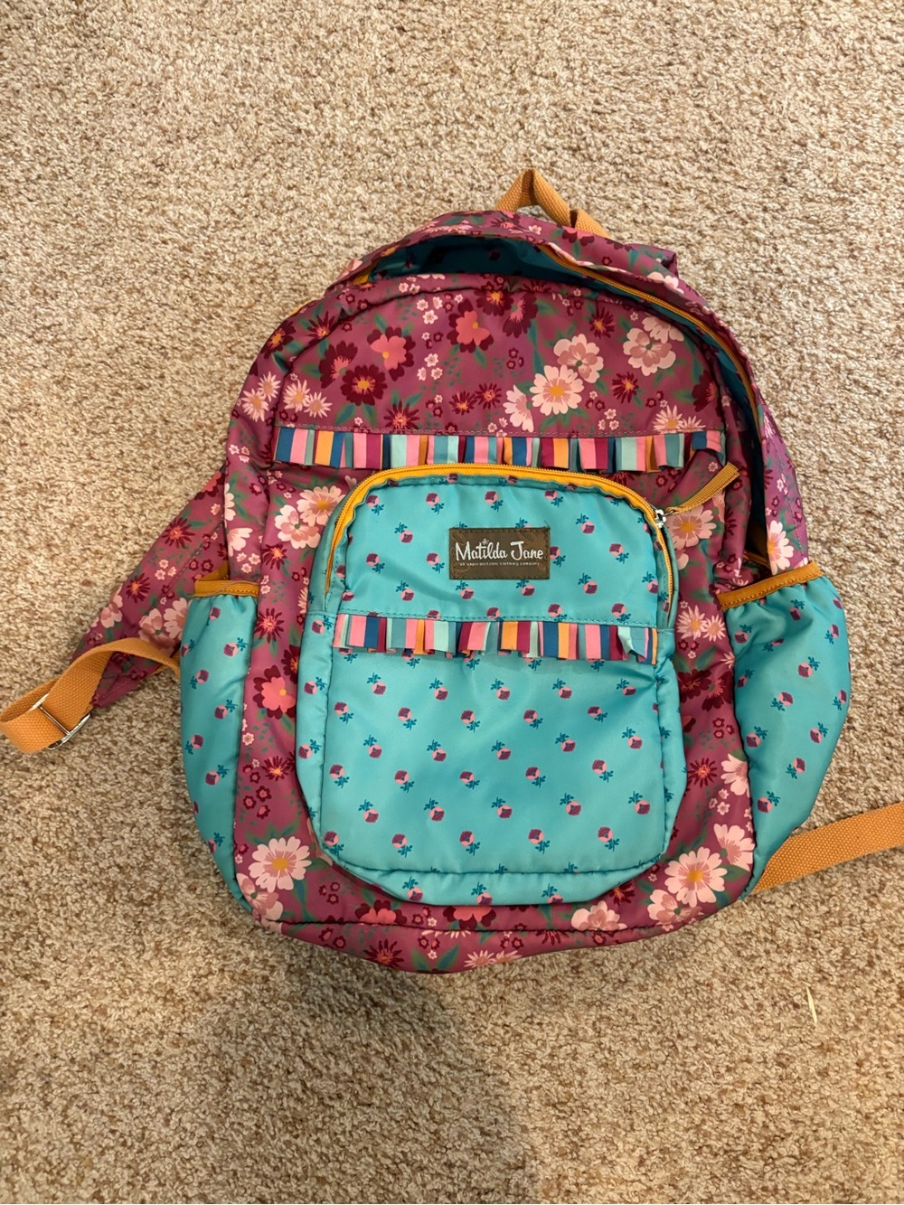 Matilda Jane Floral Pink and Teal Kids Backpack with Stripe Trim